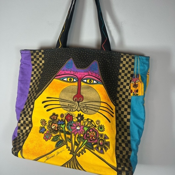 Vintage Laurel Burch Cat With Bouquet of Flowers Tote Bag - Picture 2 of 9